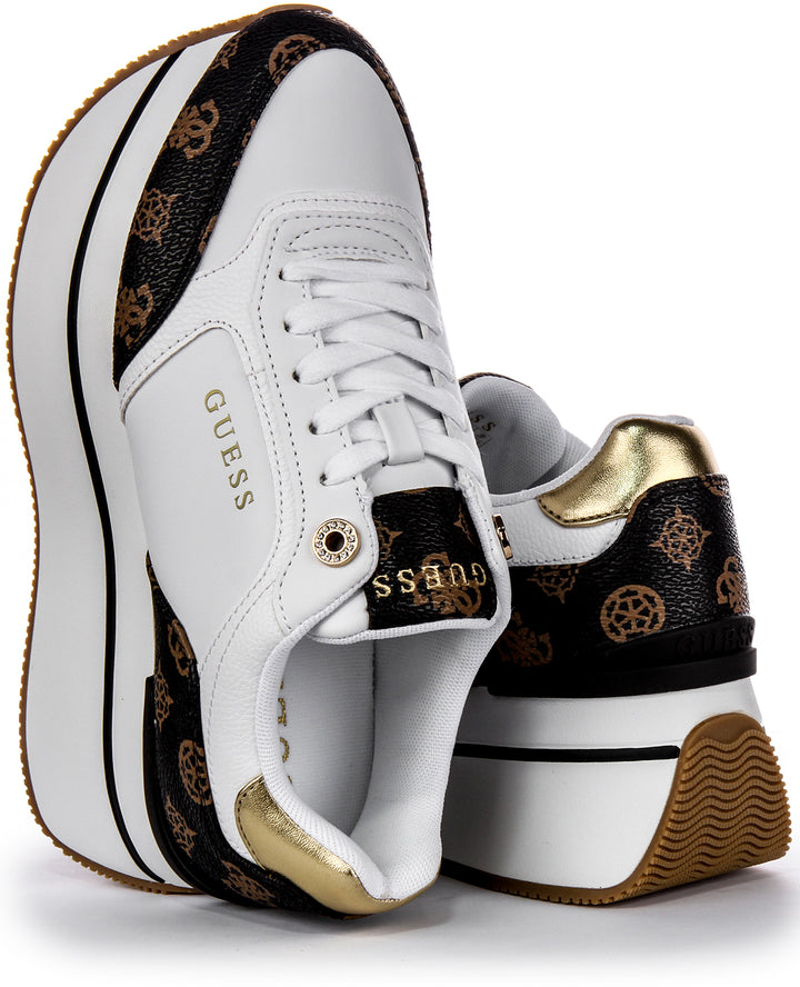 Guess Camrio 4G Plataforma Zapatillas de Cuero Sintético con Logotipo de Peonía para Mujer en Blanco y Marrón