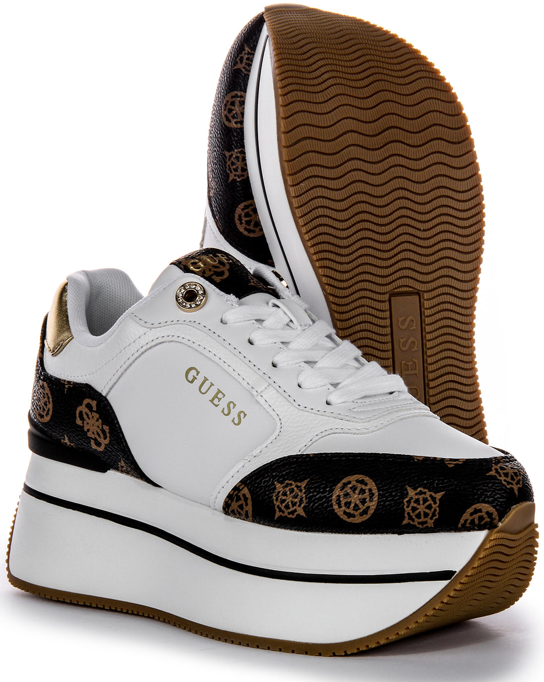 Guess Camrio 4G Plataforma Zapatillas de Cuero Sintético con Logotipo de Peonía para Mujer en Blanco y Marrón