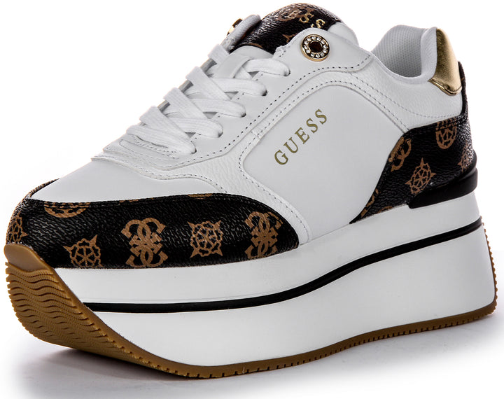 Guess Camrio 4G Plataforma Zapatillas de Cuero Sintético con Logotipo de Peonía para Mujer en Blanco y Marrón