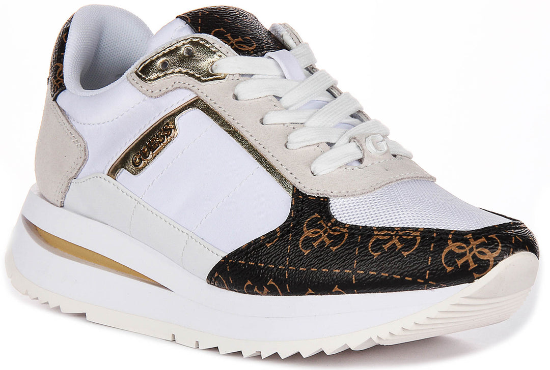 Guess Energy Leather Running Shoes  In White Brown for Women