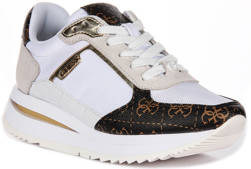 Guess Energy Leather Running Shoes  In White Brown for Women