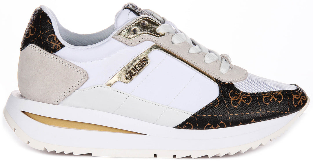 Guess Energy Leather Running Shoes  In White Brown for Women