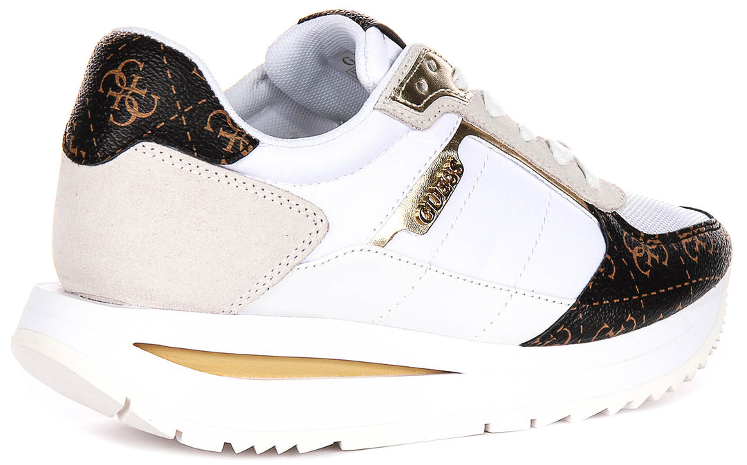 Guess Energy Leather Running Shoes  In White Brown for Women