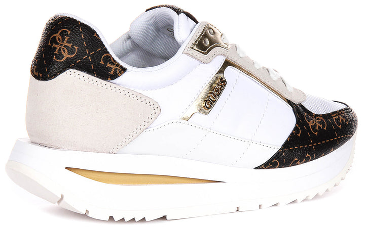 Guess Energy Leather Running Shoes  In White Brown for Women