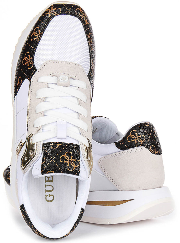 Guess Energy Leather Running Shoes  In White Brown for Women