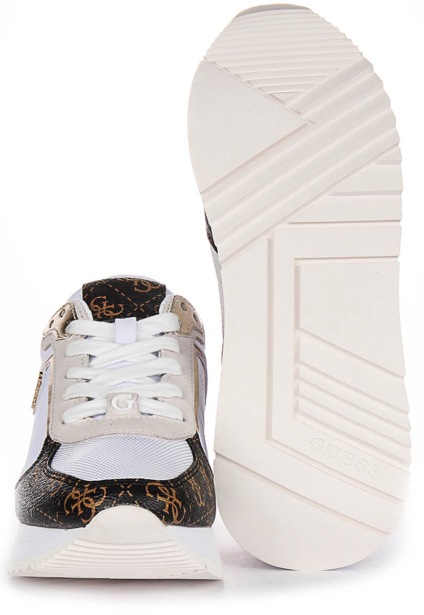 Guess Energy Leather Running Shoes  In White Brown for Women