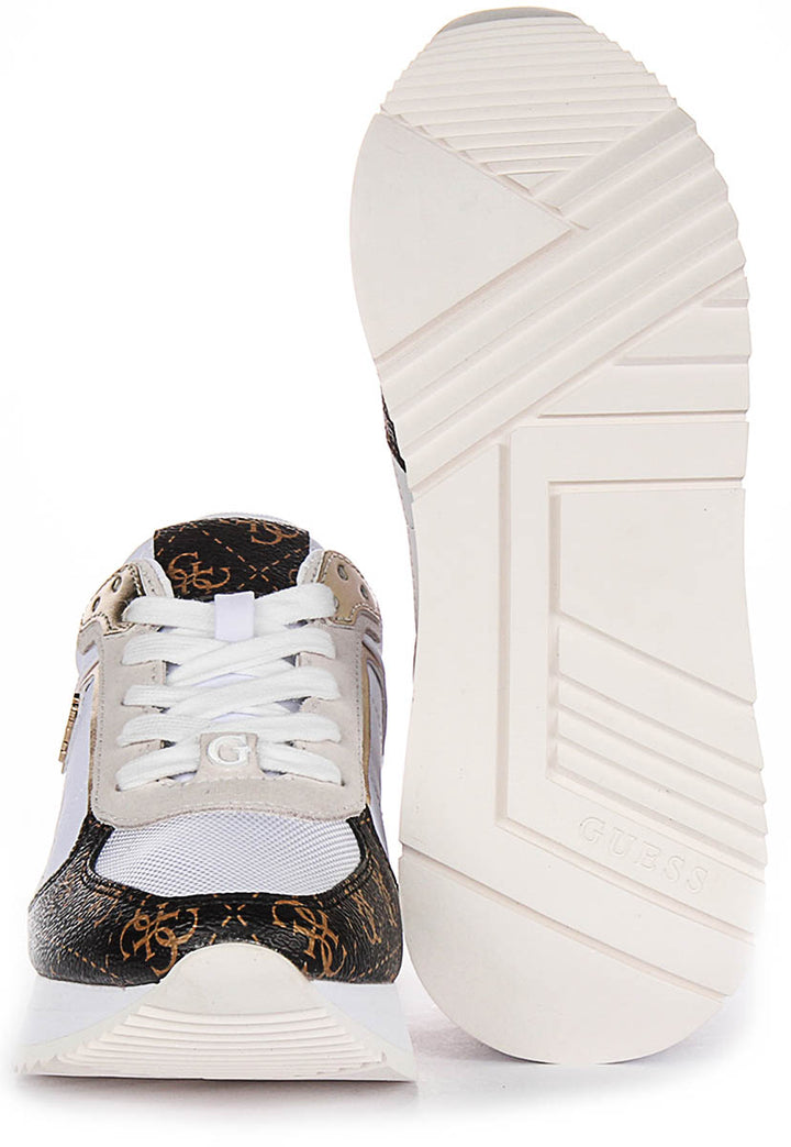 Guess Energy Leather Running Shoes  In White Brown for Women