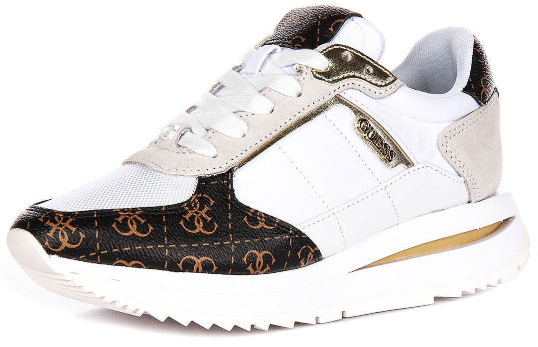 Guess Energy Leather Running Shoes  In White Brown for Women