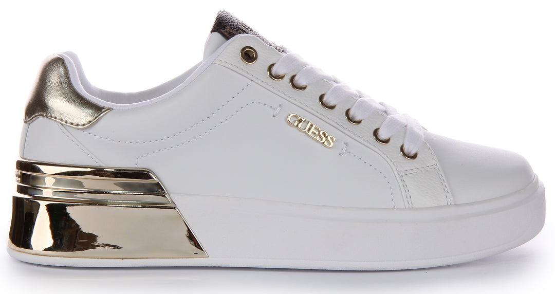 Guess Corlina PU Lea Gold Logo Lace Damen Sneaker aus Kunstleder in Weiß Gold