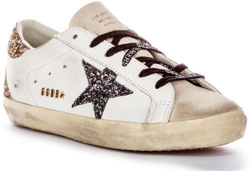 Golden Goose Super-star In White Gold For Women Lace up Trainers