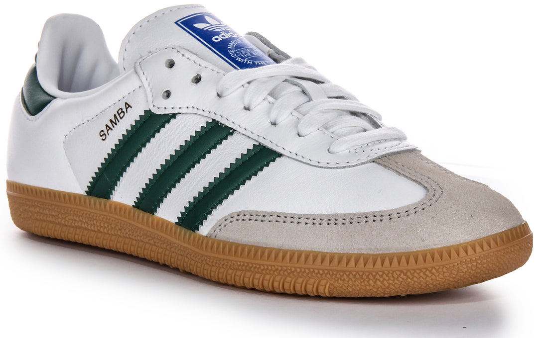 Zapatillas de cuero para hombre Adidas Samba OG 3 Stripes Retro Contrast 70s en blanco y verde