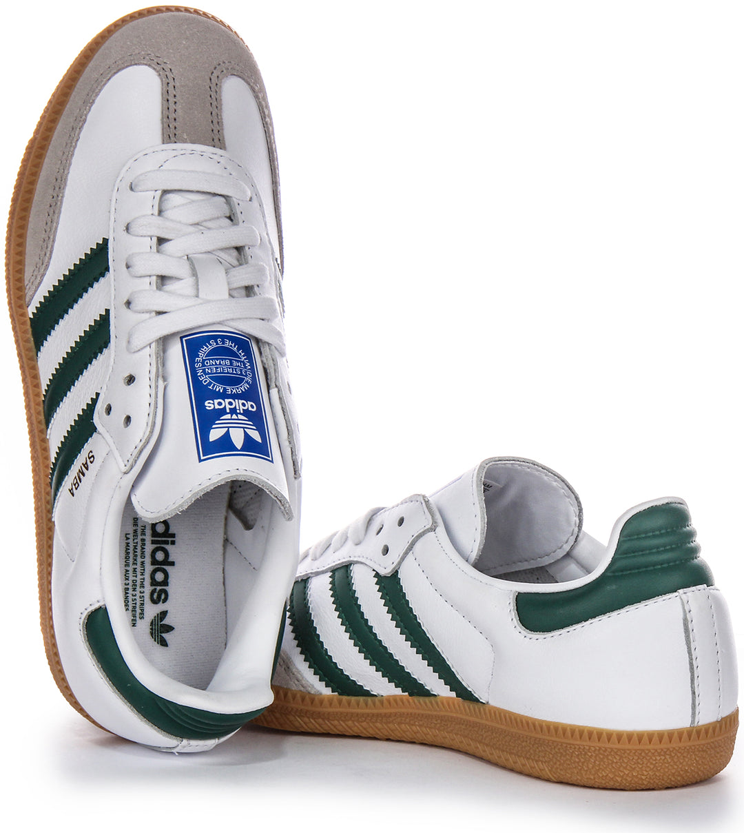 Zapatillas de cuero para hombre Adidas Samba OG 3 Stripes Retro Contrast 70s en blanco y verde