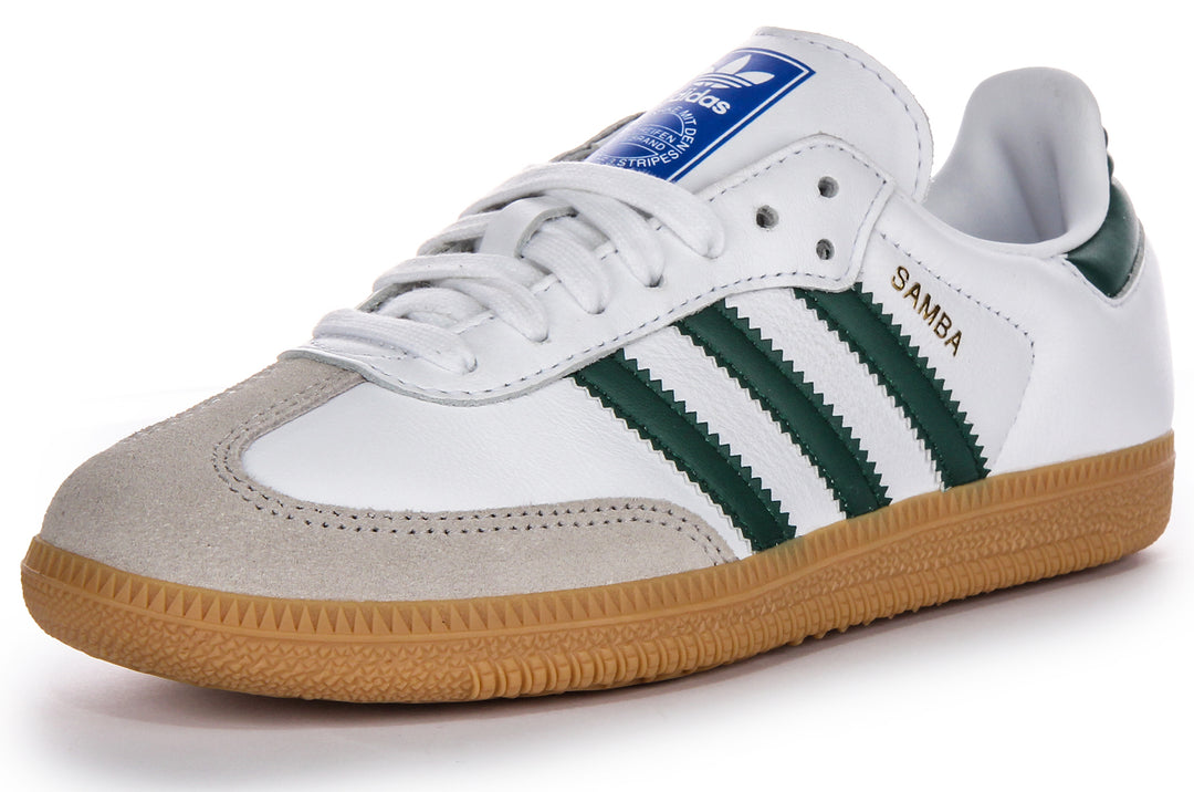 Zapatillas de cuero para hombre Adidas Samba OG 3 Stripes Retro Contrast 70s en blanco y verde