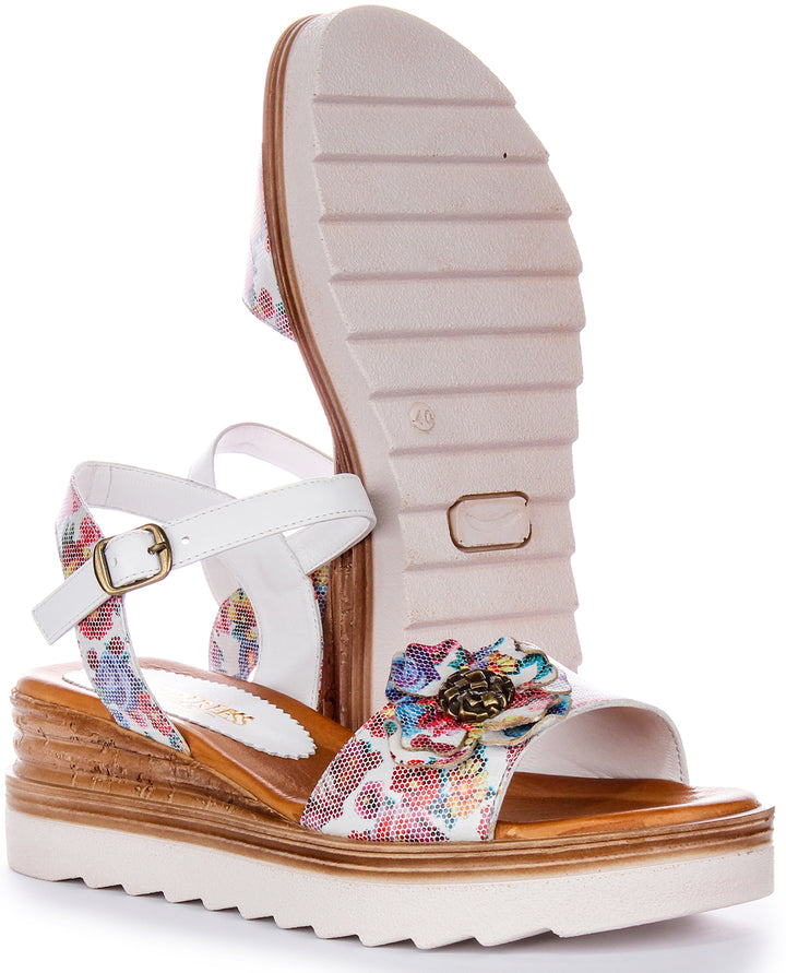 Sandales en cuir pour femme Justinreess  Talon bas floral en blanc multicolore