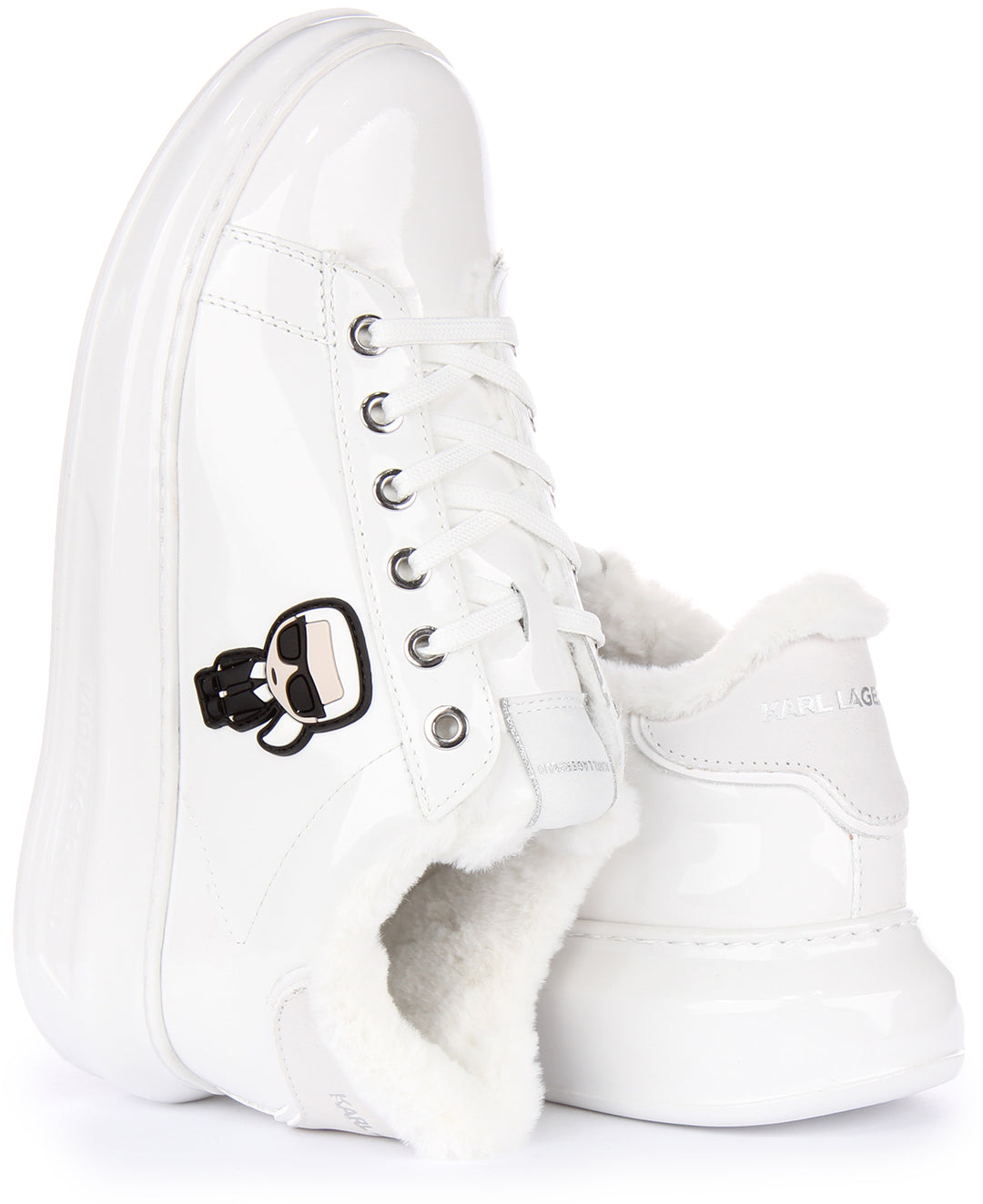 Karl Lagerfeld Kapri Ikon Shine Lo Baskets à lacets en simili cuir pour femmes en verni blanc