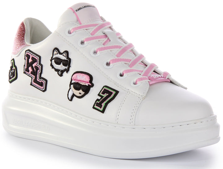 Karl Lagerfeld Cons Wedge Heel Ikonik Detail Zapatillas de Cuero para Mujer en Blanco y Rosa