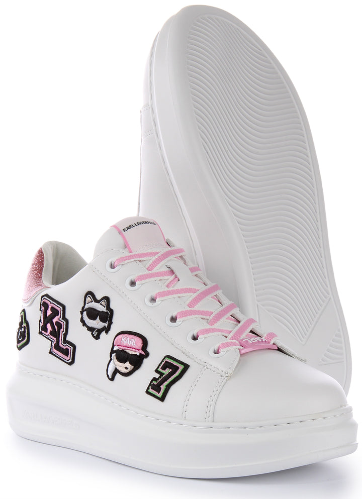 Karl Lagerfeld Cons Wedge Heel Ikonik Detail Zapatillas de Cuero para Mujer en Blanco y Rosa