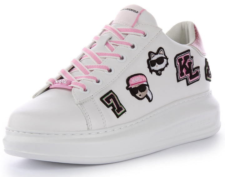 Karl Lagerfeld Cons Wedge Heel Ikonik Detail Zapatillas de Cuero para Mujer en Blanco y Rosa