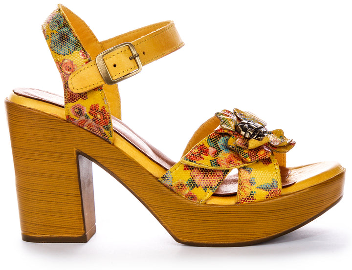 Chaussures à talons en cuir pour femme Justinreess  Talon ouvert floral en jaune