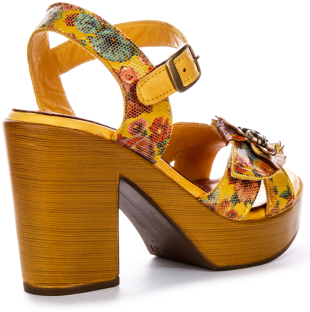 Zapatos de Tacón de Cuero para Mujer  Tacón Abierto Floral en Amarillo de Justinreess