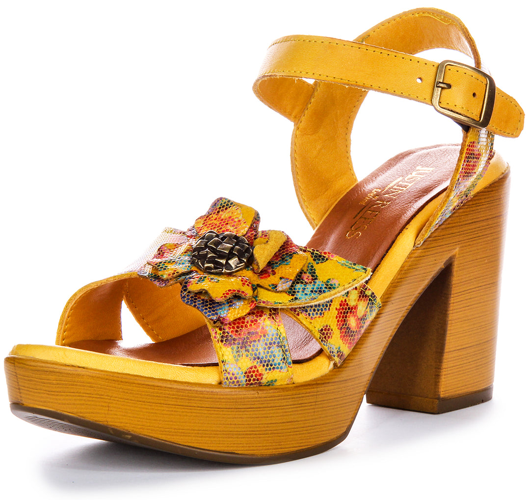 Zapatos de Tacón de Cuero para Mujer  Tacón Abierto Floral en Amarillo de Justinreess