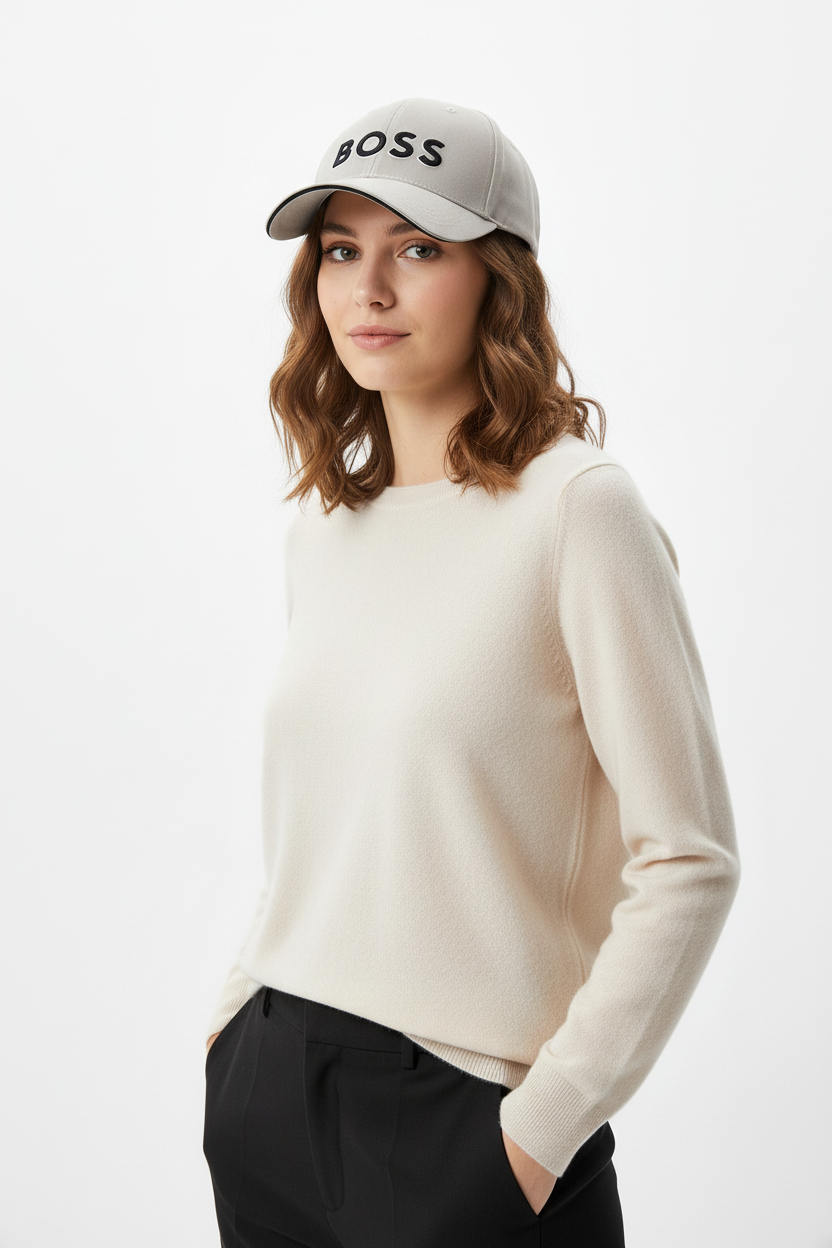Model wearing Beige Boss Cap