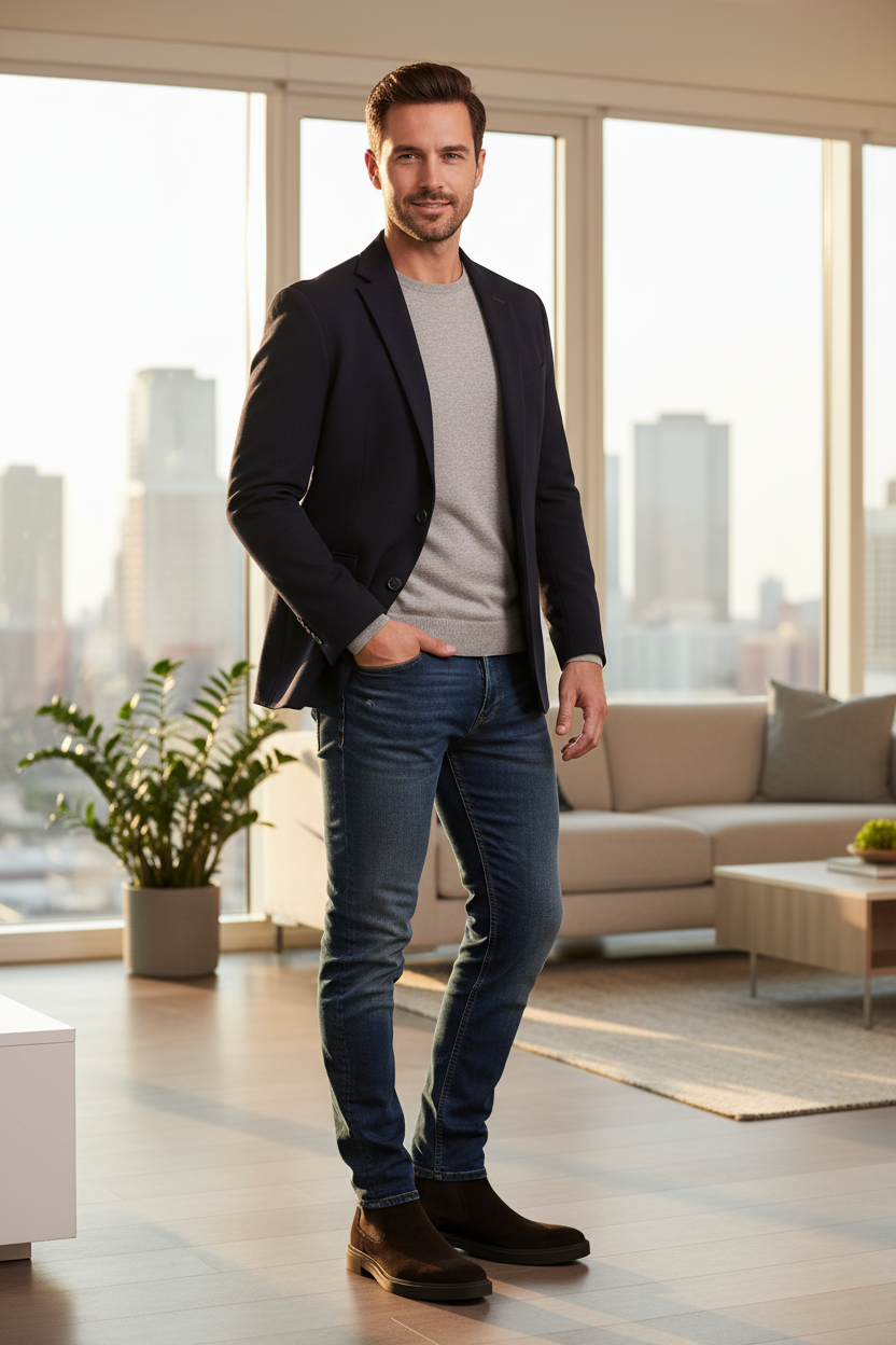 Smart man in blue jeans wearing Boss Calev Cheb Suede boots