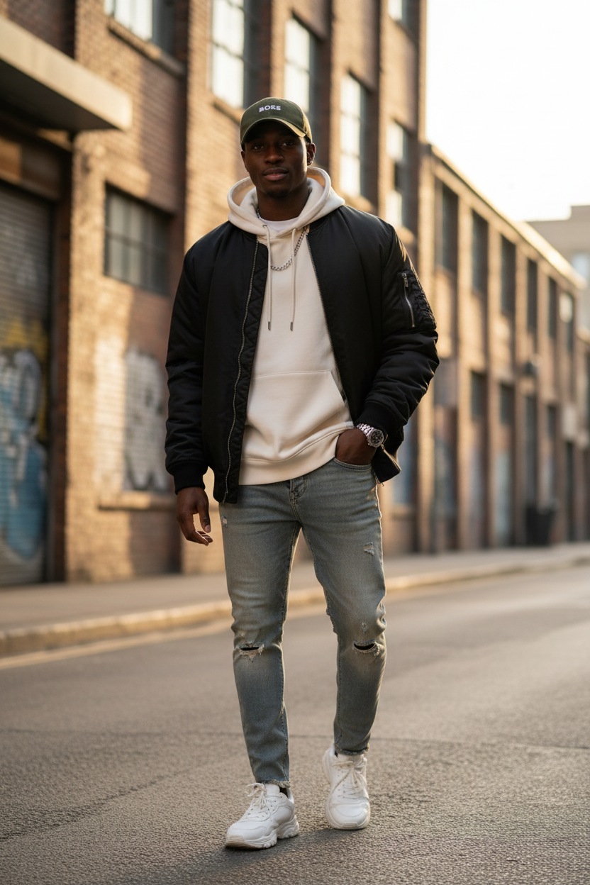 Young trendy black guy wearing Boss Zed Cap in olive