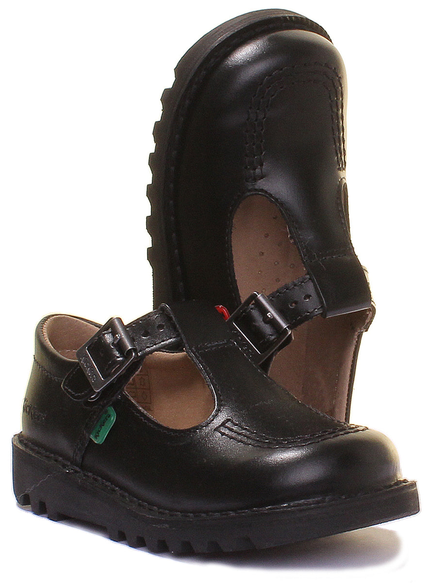 Kickers Kick T I Core Chaussures d'écolier en cuir T-Bar pour enfants en noir