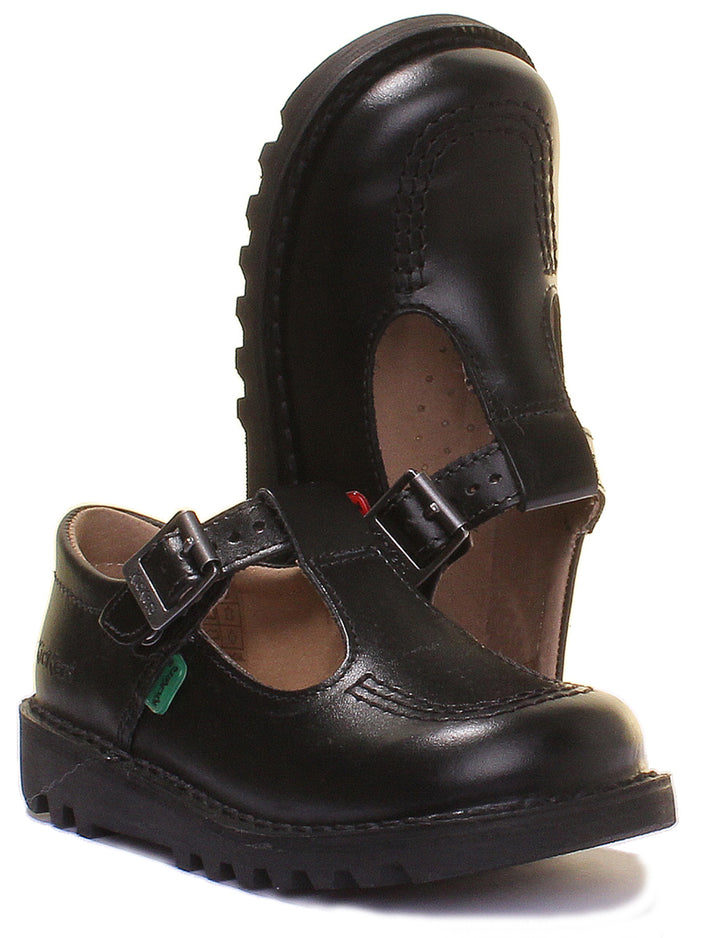 Kickers Kick T I Core Chaussures d'écolier en cuir T-Bar pour enfants en noir