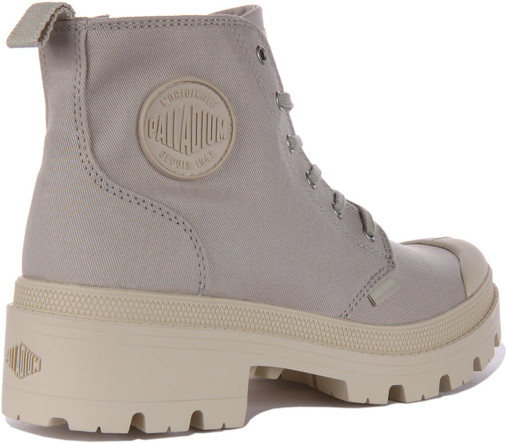 Palladium Pallabase Twill Frauen Schnürung Vegane Stiefelette Mit Seite Reißverschluss Beige