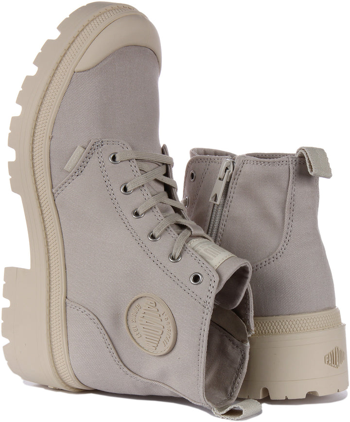 Palladium Pallabase Twill Frauen Schnürung Vegane Stiefelette Mit Seite Reißverschluss Beige