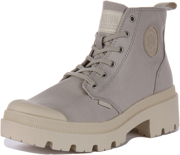 Palladium Pallabase Twill Frauen Schnürung Vegane Stiefelette Mit Seite Reißverschluss Beige