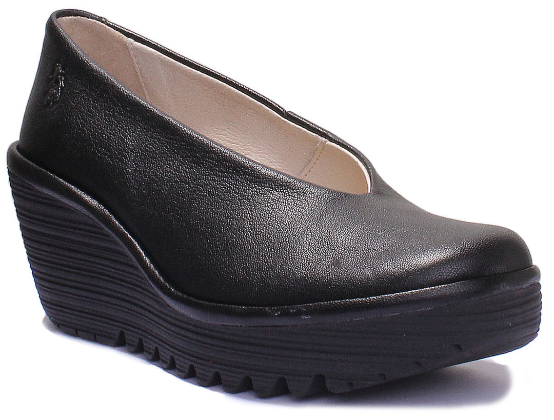 Fly London Yaz Chaussures à talon compensé en cuir pour femmes en noir