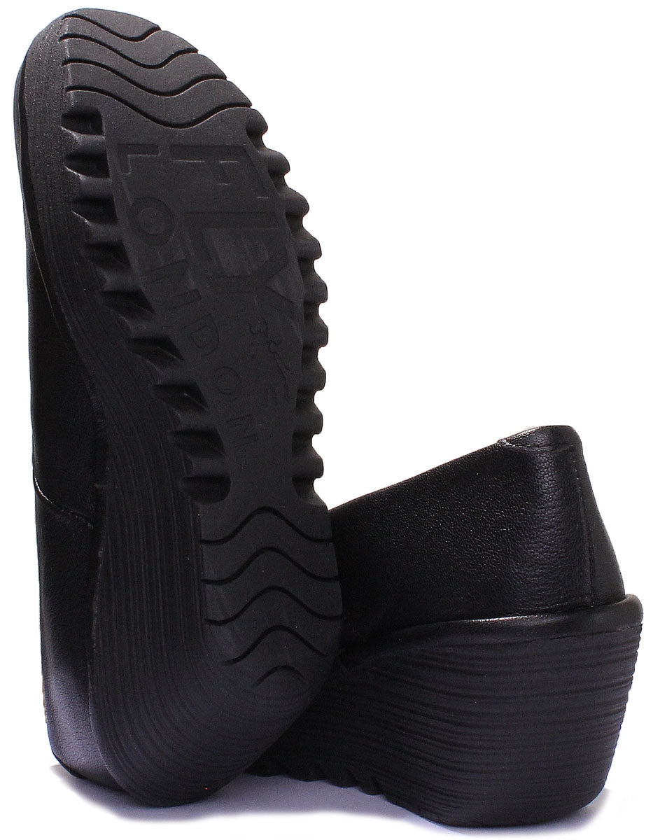 Fly London Yaz Leather Wedge Shoes In Black For Women