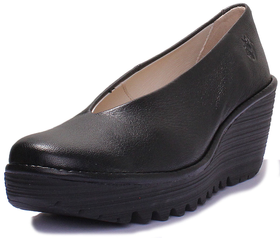 Fly London Yaz Leather Wedge Shoes In Black For Women