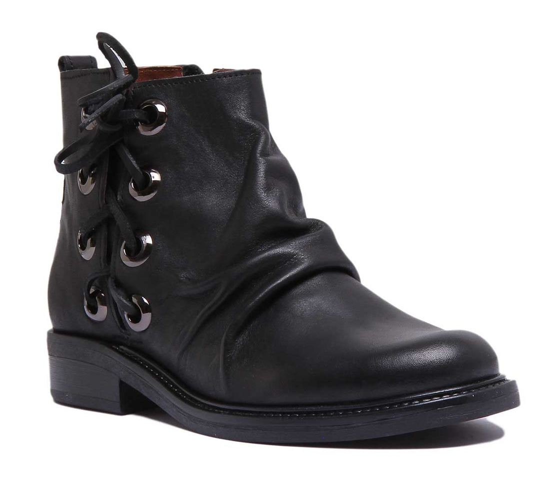 JUSTINREESS 6550 Bottines en cuir à lacets pour femmes avec fermeture éclair latérale en noir