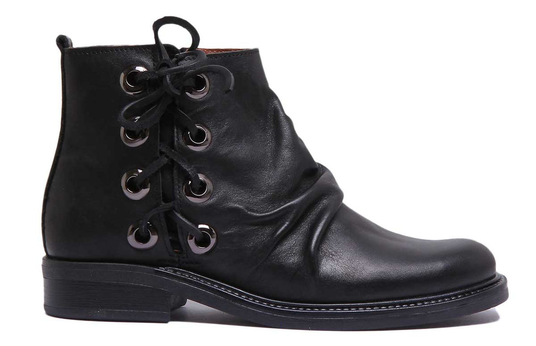 JUSTINREESS 6550 Bottines en cuir à lacets pour femmes avec fermeture éclair latérale en noir