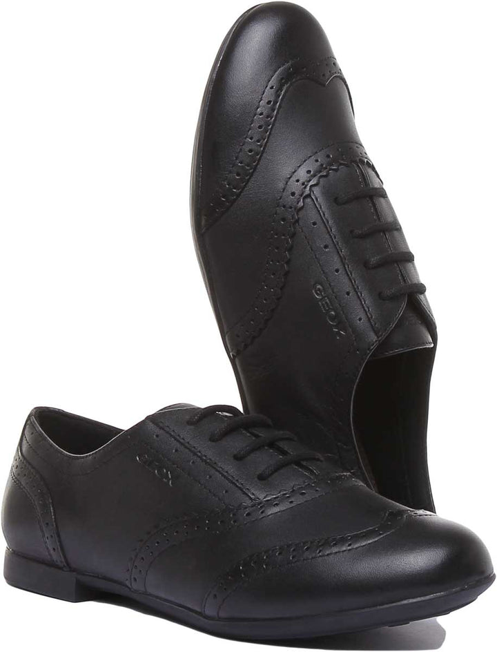 Geox J Plie Chaussures plates à lacets en cuir style brogue pour enfants en noir