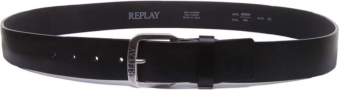 Replay AM8019 Ensemble portefeuille et ceinture en cuir pour hommes en noir