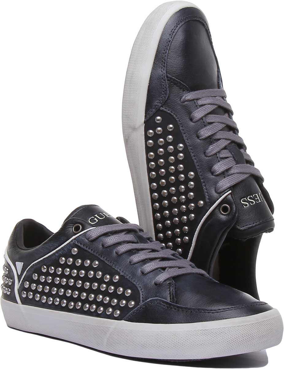 Guess Statement Men's Low Top Lace Up Leather Sneakers In Black