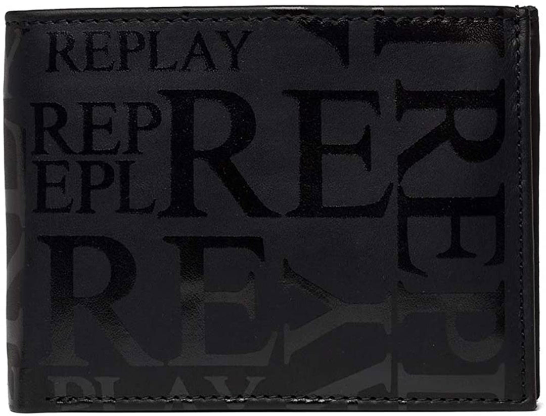 Replay Mens Wallet In Black Leather Multi Logo