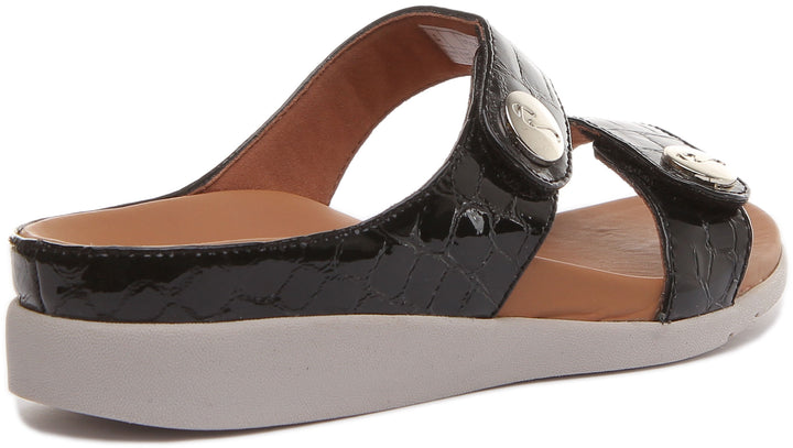 Strive Clara Frauen Kroko Druck Leder Sandale mit Verstellbaren Riemen Schwarz