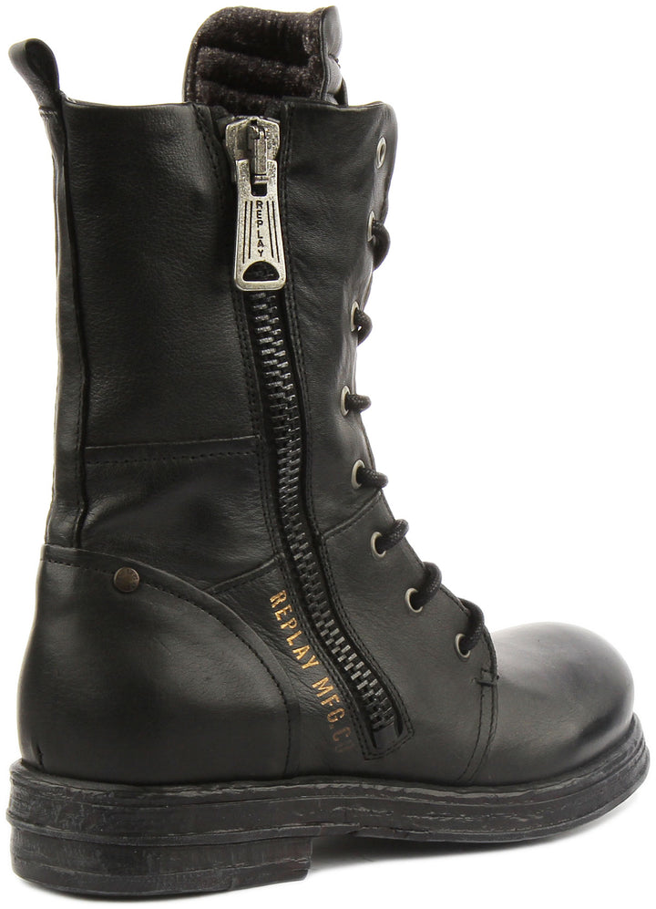 Replay Evy Bottes de style militaire en cuir à lacets pour femmes en noir