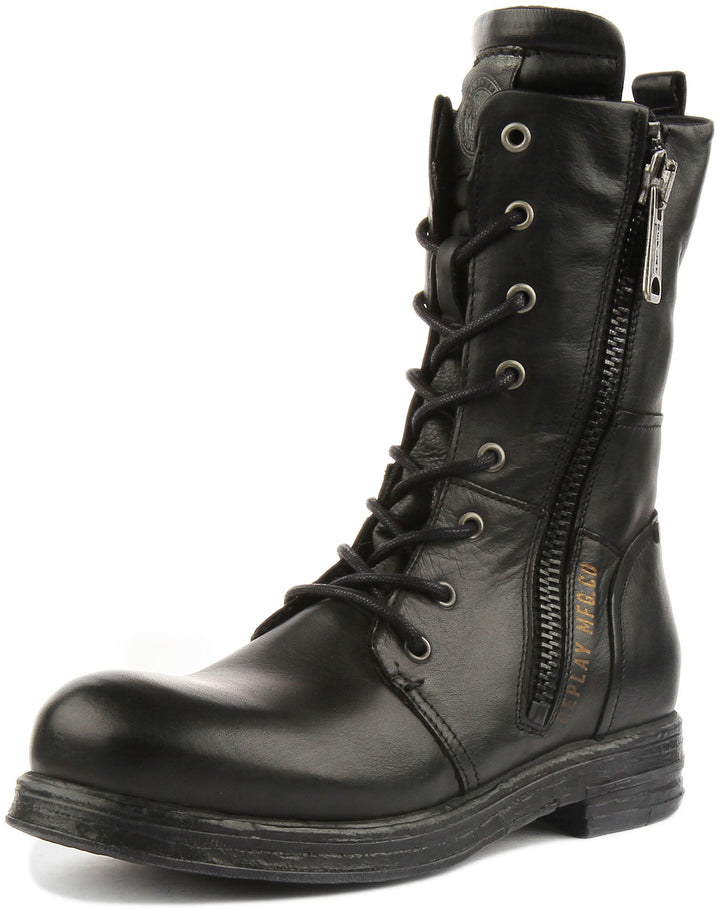 Replay Evy Botas de cuero de estilo militar con cordones para mujer en negro