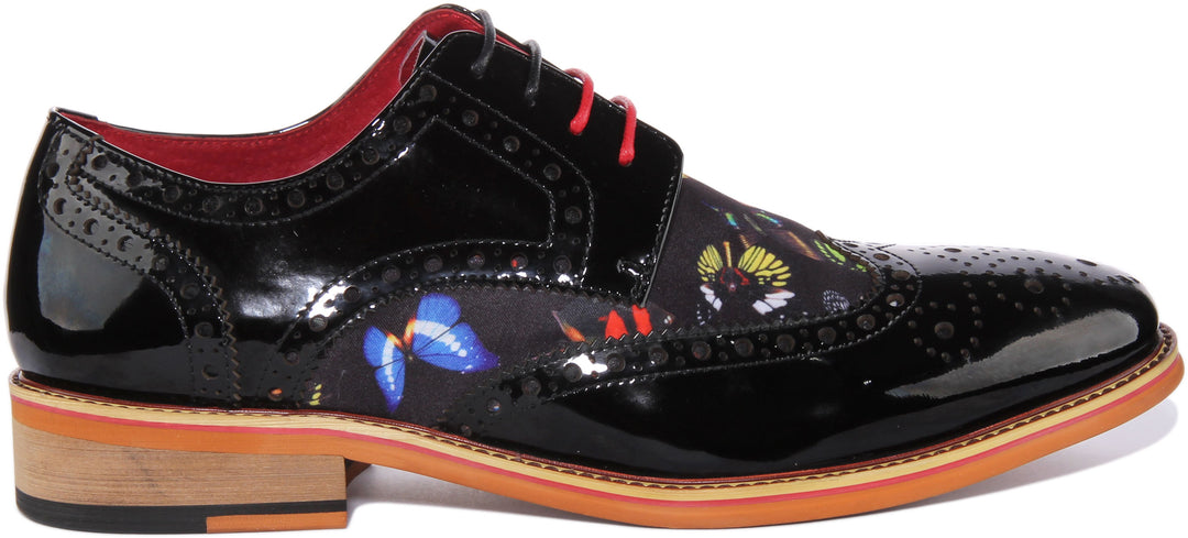 JUSTINREESS Julius Chaussures à lacets en cuir verni imprimé papillon pour hommes en noir
