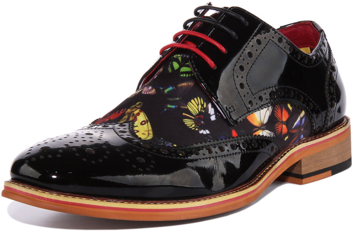 JUSTINREESS Julius Chaussures à lacets en cuir verni imprimé papillon pour hommes en noir