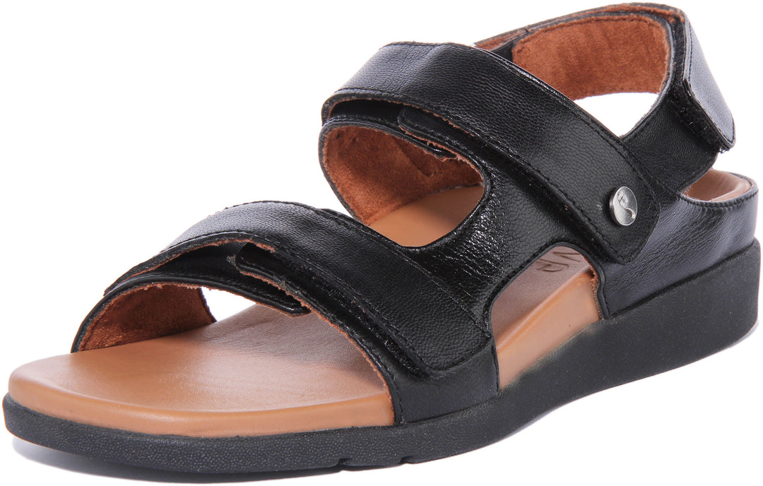 Strive Aruba Frauen Leder Sandale Mit Drei Verstellbare Riemen Schwarz
