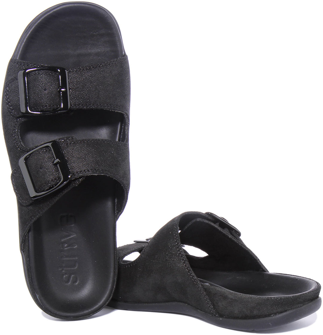 Strive Largo Frauen Leder Sandale Mit Zwei Verstellbaren Schnallen Riemen Schwarz