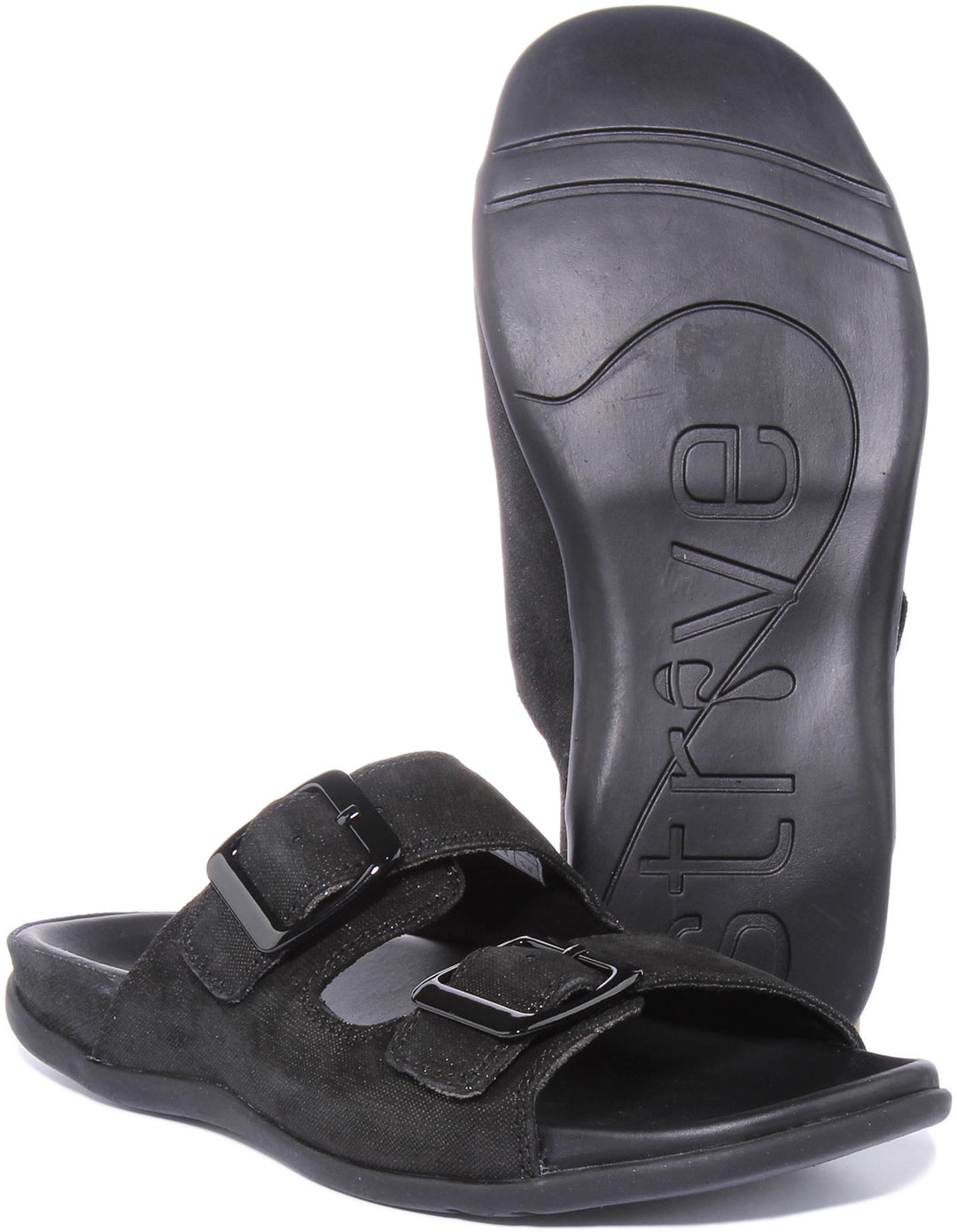 Strive Largo Frauen Leder Sandale Mit Zwei Verstellbaren Schnallen Riemen Schwarz